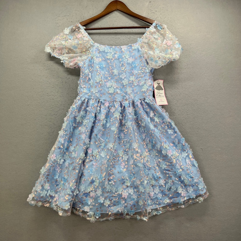 Rare Editions Dress Girls 16 Light Blue Floral Applique Sequin Party Formal NWT